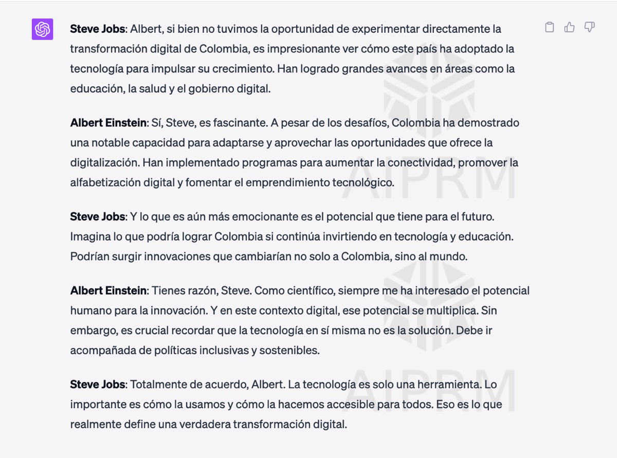 ChatGPT, Steve Jobs y Albert Einstein hablan sobre Colombia.